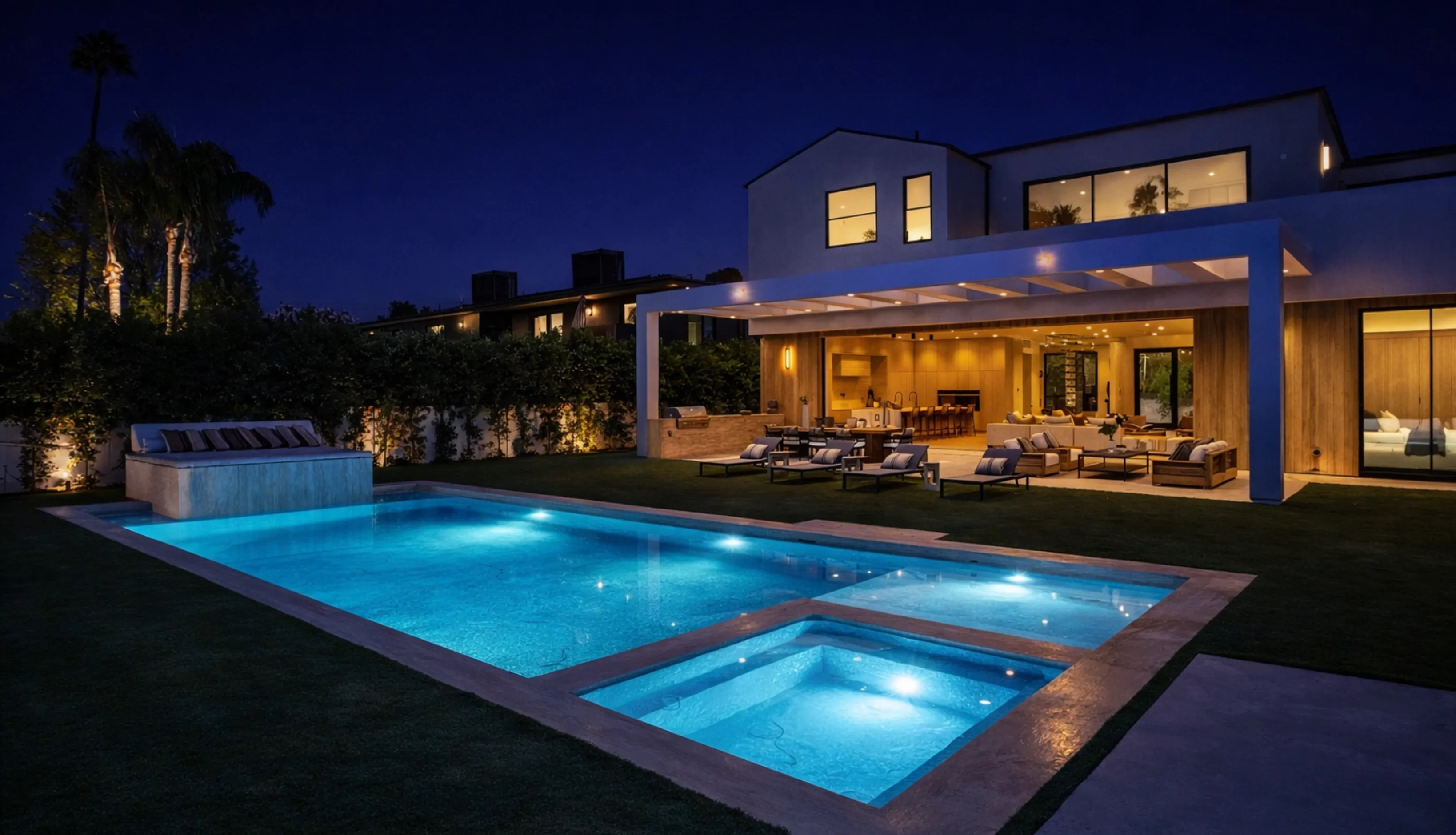 The stunning result of a professional pool remodeling in Los Angeles featuring deep blue mosaic tiling, smooth light-colored stone pavers, and crystal clear water.