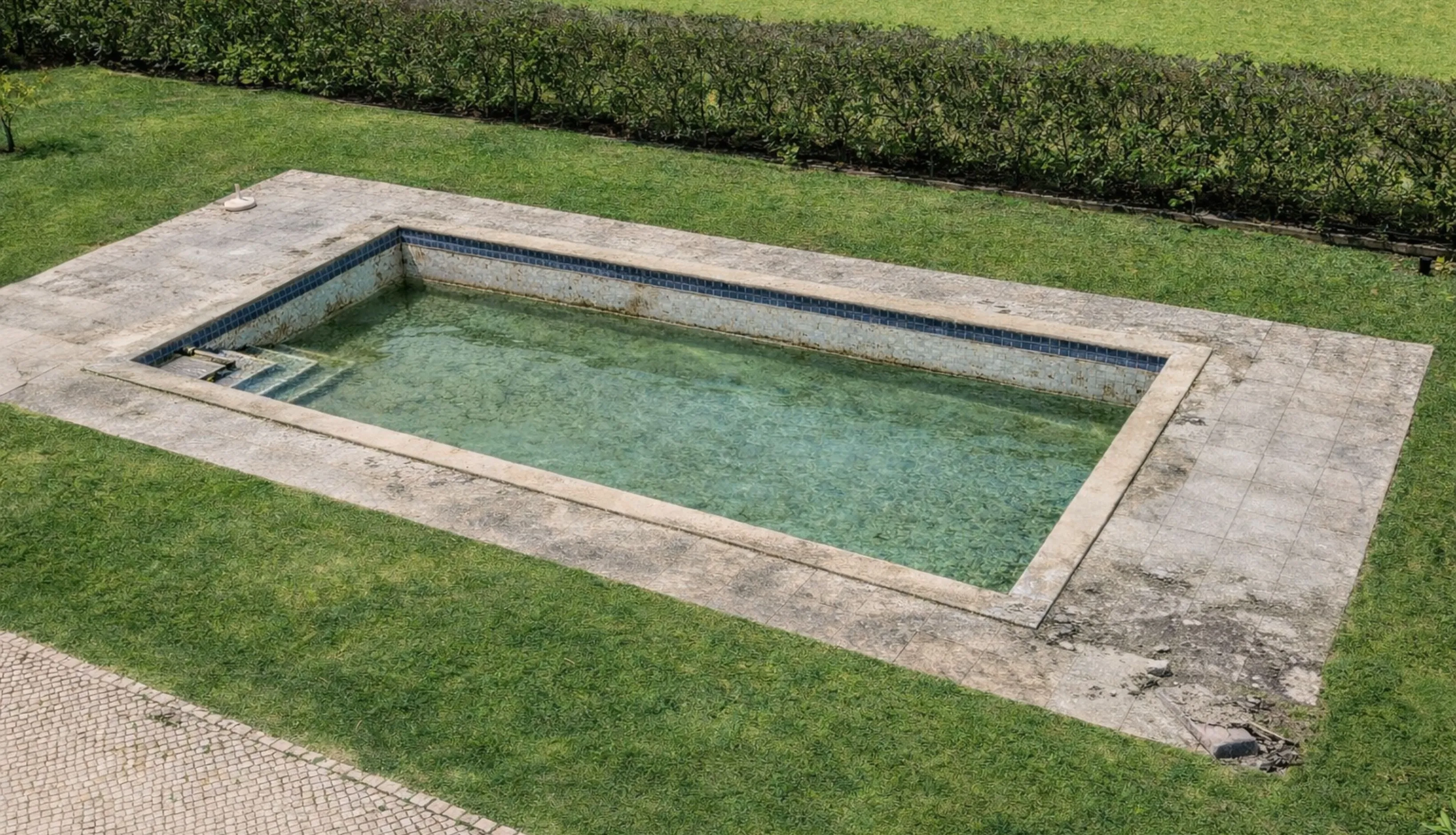 An outdated and neglected rectangular pool in Los Angeles with stained plaster and cracked stone decking before a professional remodeling project