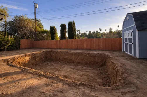 Aerial view of the initial excavation and structural block wall reinforcement for a new residential pool in Los Angeles