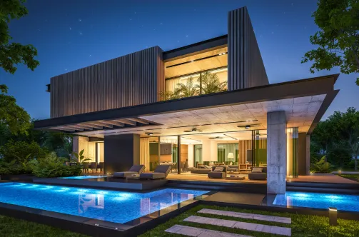 New custom pool with premium blue tile finish being filled for the first time after successful construction.